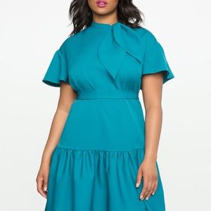 Tie Neck Peplum Dress - Turquoise - Plus Sized 20